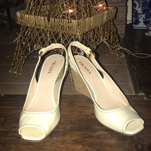 Prada White Espadrille Wedge Sandals
